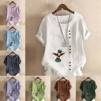 Женская модная футболка с круглым вырезом и коротким рукавом с принтом птиц, повседневная хлопково-льняная рубашка с рисунком, свободная летняя блузка для отдыха, топы S розовый