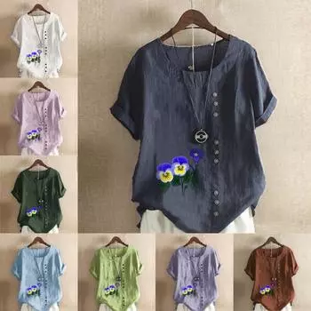 Женская модная футболка с круглым вырезом и коротким рукавом, повседневная хлопковая льняная рубашка с рисунком, свободная летняя блузка с принтом фиолетовых цветов для отдыха, топы S розовый