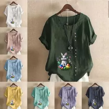 Женская модная футболка с круглым вырезом и коротким рукавом с принтом кролика, повседневная хлопково-льняная рубашка с рисунком, свободная летняя блузка для отдыха, топы S розовый
