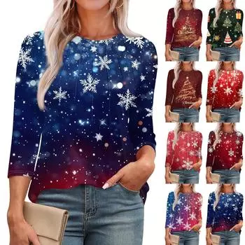 Женская модная футболка с круглым вырезом и рукавом 3/4 с рождественскими принтами, повседневная базовая плиссированная футболка-пуловер XXL красный