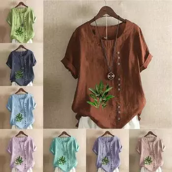 Женская модная футболка с круглым вырезом и коротким рукавом, повседневная рубашка из хлопка и льна с рисунком, свободная летняя блузка с принтом зеленых листьев, топы S розовый