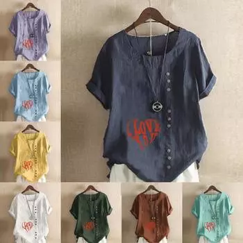 Женская модная футболка с круглым вырезом и коротким рукавом, повседневная хлопковая льняная рубашка с рисунком, свободная летняя блузка с принтом в форме сердца для отдыха, топы S розовый