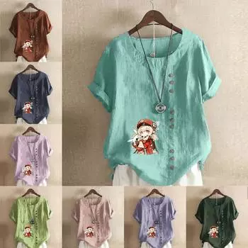 Женская модная футболка с круглым вырезом и коротким рукавом, повседневная хлопково-льняная рубашка с рисунком, свободная летняя блузка с принтом для девочек, топы S розовый