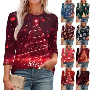 Женская модная футболка с круглым вырезом и рукавом 3/4 с рождественскими принтами, повседневная базовая плиссированная футболка-пуловер XXXL