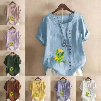 Женская модная футболка с круглым вырезом и коротким рукавом с принтом хризантемы, повседневная рубашка из хлопка и льна с рисунком, свободная летняя блузка для отдыха, топы S розовый