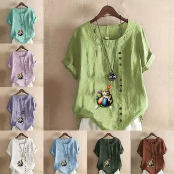 Женская модная футболка с круглым вырезом и коротким рукавом, повседневная рубашка из хлопка и льна с рисунком, свободная летняя блузка с принтом кролика, топы S розовый