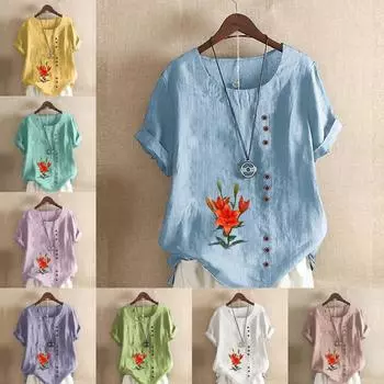 Женская модная футболка с круглым вырезом и коротким рукавом, повседневная хлопковая льняная рубашка с рисунком, свободная летняя блузка с цветочным принтом для отдыха, топы S розовый