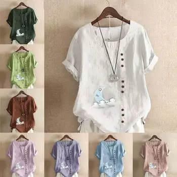 Женская модная футболка с круглым вырезом и коротким рукавом, повседневная рубашка из хлопка и льна с рисунком, свободная летняя блузка с принтом в виде луны, топы S розовый