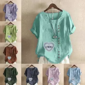 Женская модная футболка с круглым вырезом и коротким рукавом Love Printed, повседневная рубашка из хлопка и льна с рисунком, свободная летняя блузка для отдыха, топы S розовый