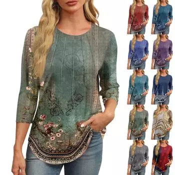 Женская модная футболка с круглым вырезом и рукавом 3/4 с принтом, повседневная, базовая, плиссированная, пуловер XXL синий