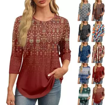 Женская модная футболка с круглым вырезом и рукавом 3/4 с принтом, повседневная, базовая, плиссированная, пуловер L синий