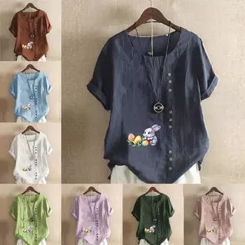 Женская модная футболка с круглым вырезом и коротким рукавом, повседневная рубашка из хлопка и льна с рисунком, свободная летняя блузка с принтом кролика, топы S розовый