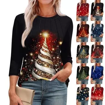 Женская модная футболка с круглым вырезом и рукавом 3/4 с принтом, повседневная, базовая, плиссированная, пуловер S красный