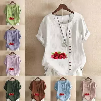 Женская модная футболка с круглым вырезом и коротким рукавом, повседневная рубашка из хлопка и льна с рисунком, свободная летняя блузка с принтом роз, топы S розовый