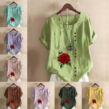 Женская модная футболка с круглым вырезом и коротким рукавом с принтом роз, повседневная рубашка из хлопка и льна с рисунком, свободная летняя блузка для отдыха, топы S розовый