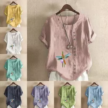 Женская модная футболка с круглым вырезом и короткими рукавами с принтом стрекозы, повседневная хлопково-льняная рубашка с рисунком, свободная летняя блузка для отдыха, топы S розовый