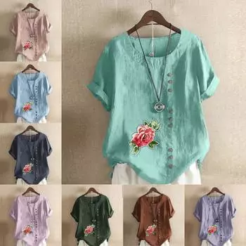 Женская модная футболка с круглым вырезом и коротким рукавом, повседневная хлопковая льняная рубашка с рисунком, свободная летняя блузка с цветочным принтом для отдыха, топы S розовый