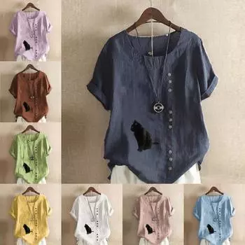 Женская модная футболка с круглым вырезом и короткими рукавами с принтом «черный кот», повседневная хлопково-льняная рубашка с рисунком, свободная летняя блузка для отдыха, топы S розовый