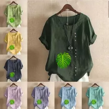 Женская модная футболка с круглым вырезом и коротким рукавом, повседневная рубашка из хлопка и льна с рисунком, свободная летняя блузка с принтом зеленых листьев, топы S розовый