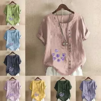 Женская модная футболка с круглым вырезом и короткими рукавами с принтом Morning Glory, повседневная хлопково-льняная рубашка с рисунком, свободная летняя блузка для отдыха, топы S розовый