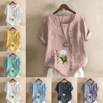 Женская модная футболка с круглым вырезом и коротким рукавом, повседневная рубашка из хлопка и льна с рисунком, свободная летняя блузка с принтом хризантем S розовый