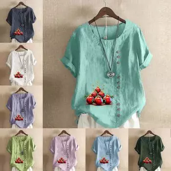 Женская модная футболка с круглым вырезом и коротким рукавом с красным колокольчиком, повседневная хлопково-льняная рубашка с рисунком, свободная летняя блузка для отдыха, топы S розовый