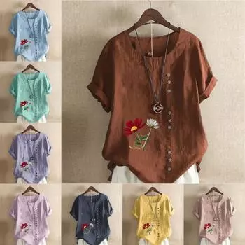Женская модная футболка с круглым вырезом и коротким рукавом, повседневная хлопково-льняная рубашка с рисунком, летняя блузка с цветочным принтом, топы, большие размеры S розовый