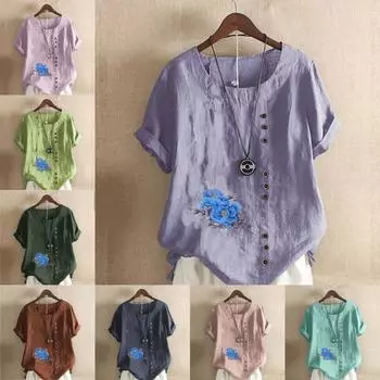 Женская модная футболка с круглым вырезом и коротким рукавом, повседневная рубашка из хлопка и льна с рисунком, свободная летняя блузка с синим цветочным принтом, топы S розовый