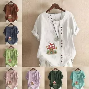 Женская модная футболка с круглым вырезом и коротким рукавом, повседневная хлопковая льняная рубашка с рисунком, свободная летняя блузка с принтом «Грибной домик», топы для отдыха S розовый