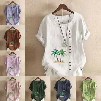 Женская модная футболка с круглым вырезом и коротким рукавом, повседневная рубашка из хлопка и льна с рисунком, свободная летняя блузка с принтом кокосовой пальмы, топы S розовый