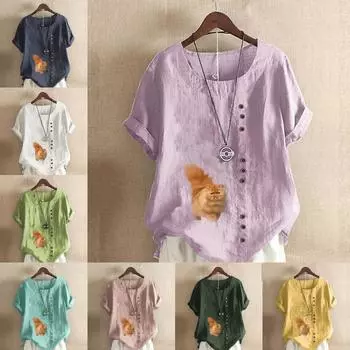 Женская модная футболка с круглым вырезом и коротким рукавом, повседневная хлопковая льняная рубашка с рисунком в виде пчелы, летняя блузка, топы больших размеров S розовый