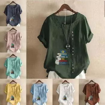 Женская модная футболка с круглым вырезом и коротким рукавом, повседневная хлопковая льняная рубашка с рисунком для отдыха, свободные летние блузки с принтом книг, топы S розовый