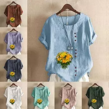 Женская модная футболка с круглым вырезом и коротким рукавом, повседневная рубашка из хлопка и льна с рисунком, свободная летняя блузка с принтом в виде букета цветов S розовый