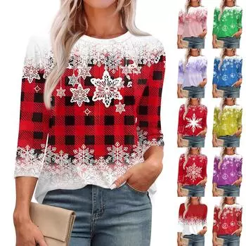 Женская модная футболка с круглым вырезом и рукавом 3/4 с принтом, повседневная, базовая, плиссированная, пуловер S киноварь