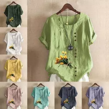 Женская модная футболка с круглым вырезом и короткими рукавами с принтом тюльпанов, повседневная хлопково-льняная рубашка с рисунком, свободная летняя блузка для отдыха, топы S розовый