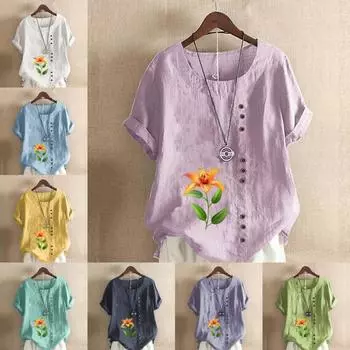 Женская модная футболка с круглым вырезом и коротким рукавом, повседневная хлопковая льняная рубашка с рисунком, свободная летняя блузка с цветочным принтом для отдыха, топы S розовый