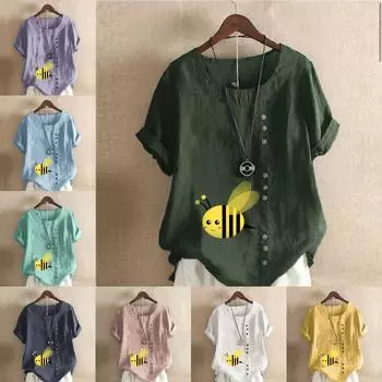 Женская модная футболка с круглым вырезом и коротким рукавом, повседневная рубашка из хлопка и льна с принтом, свободная летняя блузка с принтом медоносной пчелы, топы S розовый