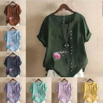 Женская модная футболка с круглым вырезом и коротким рукавом, повседневная хлопковая льняная рубашка с рисунком, свободная летняя блузка с принтом розовых цветов, топы S розовый