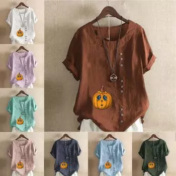 Женская модная футболка с круглым вырезом и коротким рукавом, повседневная хлопковая льняная рубашка с графическим принтом, летняя блузка с принтом тыквы S розовый