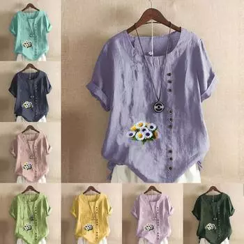 Женская модная футболка с круглым вырезом и коротким рукавом с принтом хризантемы, повседневная рубашка из хлопка и льна с рисунком, свободная летняя блузка для отдыха, топы S розовый
