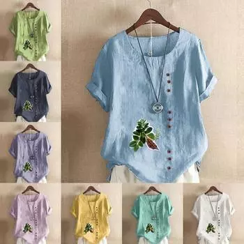 Женская модная футболка с круглым вырезом и коротким рукавом, повседневная рубашка из хлопка и льна с рисунком, свободная летняя блузка с принтом зеленых листьев, топы S розовый
