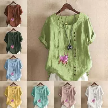 Женская модная футболка с круглым вырезом и коротким рукавом, повседневная хлопковая льняная рубашка с рисунком, летняя блузка с принтом «Антилопа», топы больших размеров S розовый