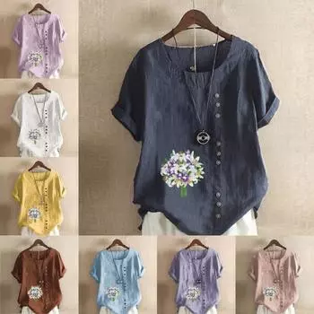 Женская модная футболка с круглым вырезом и коротким рукавом, повседневная рубашка из хлопка и льна с рисунком, свободная летняя блузка с принтом в виде букета цветов S розовый