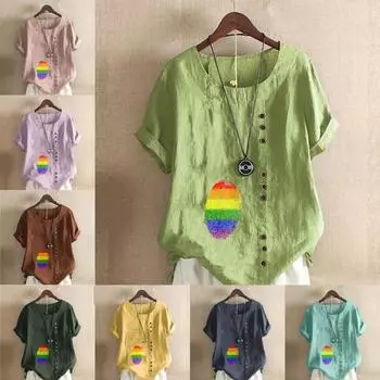 Женская модная футболка с круглым вырезом и коротким рукавом, повседневная хлопковая льняная рубашка с графическим принтом, свободная цветная летняя блузка с принтом отпечатков пальцев, топы S розовый