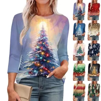 Женская модная футболка с круглым вырезом и рукавом 3/4 с принтом, повседневная, базовая, плиссированная, пуловер M