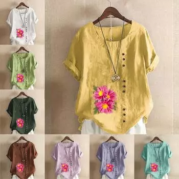 Женская модная футболка с круглым вырезом и коротким рукавом, повседневная хлопковая льняная рубашка с рисунком, свободная летняя блузка с принтом розовых цветов, топы S розовый