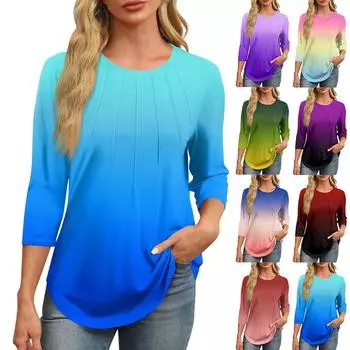 Женская модная футболка с круглым вырезом и рукавом 3/4 с принтом, повседневная, базовая, плиссированная, пуловер L синий
