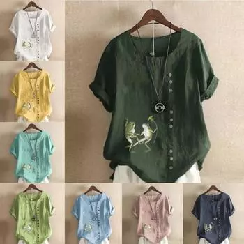 Женская модная футболка с круглым вырезом и коротким рукавом, повседневная рубашка из хлопка и льна с рисунком, свободная летняя блузка с принтом лягушки, топы S розовый