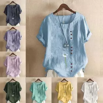 Женская модная футболка с круглым вырезом и коротким рукавом, повседневная рубашка из хлопка и льна с узором, свободная летняя блузка с принтом одуванчиков S розовый