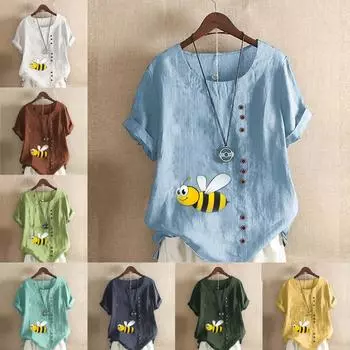 Женская модная футболка с круглым вырезом и коротким рукавом с принтом пчелы, повседневная рубашка из хлопка и льна с рисунком, свободная летняя блузка для отдыха, топы S розовый